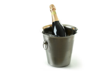 Metal bucket with ice and Champagne bottle isolated on white background