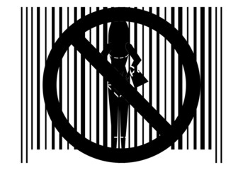 Prohibido la prostitución. Abolición de la prostitución. Código de barras con la silueta de una prostituta y la señal de prohibido en blanco y negro.