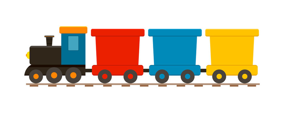 Cartoon child locomotive with wagons. Toy train for kid. Icon of cute train on railway. Isolated set on white background for children. Locomotive with engine and wheels on rails for holiday. Vector