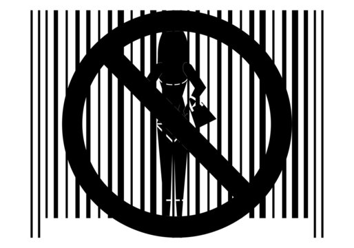 recommend clip art: Prohibido la prostitución. Abolición de la prostitución. Código de barras con la silueta de una prostituta y la señal de prohibido en blanco y negro.