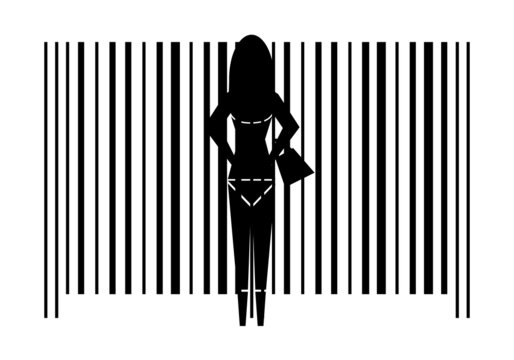 Silueta negra de una prostituta con un c&oacute;digo de barras de fondo