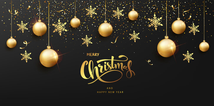 Christmas and New Year horizontal banner. Festive background with realistic gold Christmas ball, snowflakes and sparkling light confetti.