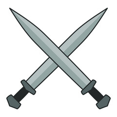 Sword vector illustration icon. Crossed swords military or heraldry symbol. Protection and security sign. Medieval or knight weapon. Fantasy gladius fencing logo. Clip-art silhouette.