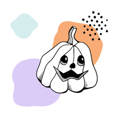 Funny pumpkin on abstract blobs background.  Halloween Pumpkin design. Hand drawn sketch style. Line art. Vector illustration