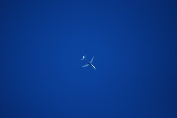 jet plane for passengers on the blue sky. domestic transport aircraft polluting with smoke in the blue sky