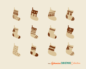 Christmas stockings in boho chic rustic style. Hanging Christmas socks isolated. Great for Christmas cards, posters, stickers, wall art. Hand drawn in flat cartoon simple style. Tradiitional symbol.