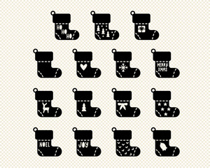 Christmas stockings silhouettes for laser cutting. Symbol of Christmas socks isolated. Great for Christmas gift tags, paper cards, posters and stickers. Hand drawn in flat cartoon simple style.