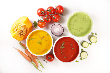 various bowl of vegetable soup on white background