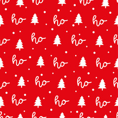 Seamless texture for Christmas design. Vector red background with handwritten words ho, with pine tree and snowfall.