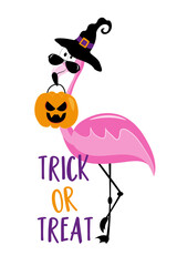 Trick or treat - funny flamingo in witch hat ,with scary pumpkin face  bag. Good for T shirt print, poster, invitation card, label, and other decoration for Halloween.
