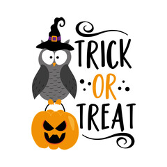 Trick or treat - cute owl in witch hat with scary pumpkin face bag. Good for label, card, t shirt print, and other decoration for Halloween.