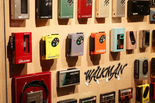 Detail of "Walkman Wall", an exhibit containing 237 models. It's in the '#009 Walkman in the Park' exhibition, held to commemorate the Walkman's 40th birthday. (7/2019)