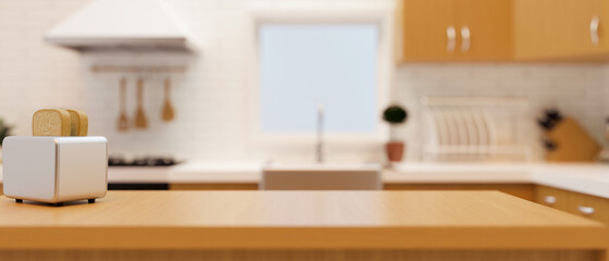 Modern luxury wooden kitchen countertop with toaster and space for montage over blurred furnished home kitchen