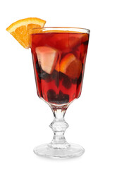 Glass of delicious Red Sangria cocktail isolated on white