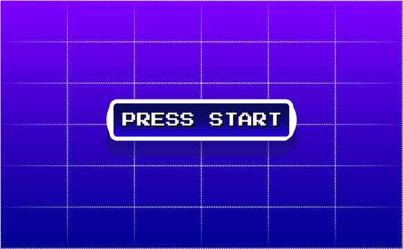 Purple 1980's vintage cyberpunk neon perspective grid, initial retro video game screen with the written text "press start" in a pop-up window. Vector illustration