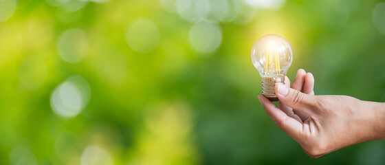 In hand holding a light bulb on greenbackground showing the concept of saving energy and turning to natural energy.