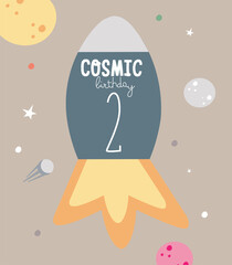 Space Party Invitation Card Template, Birthday Party in Cosmic Style Celebration, Greeting Card, Flyer Cartoon Vector. Kids illustration with rocket and number two.