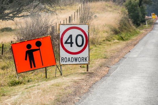 Roadwork Sign With 40 Km H Speed Limit On A Roadside In Australia.