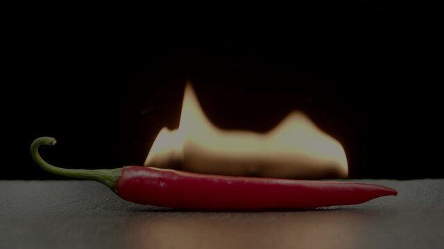 Red cayenne chili pepper on fire on black background