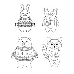 Set of cute animals in doodle or boho style. Christmas. Simple line drawing. Winter vector illustration isolated on white background.