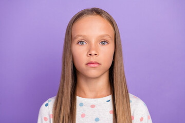 Photo of calm focused serious lady look camera wear white shirt isolated violet purple color background