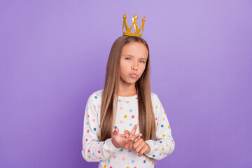 Photo of naughty doubtful princess lady count fingers wear crown dotted pajama isolated violet...