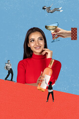 Contemporary art collage of young beautiful woman holding wine bottle isolated over blue background. Diving into alcohol. Party concept