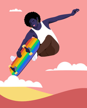 skater catching air with rainbow skateboard