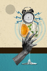 Contemporary art collage of human hand holding alcohol cocktail with alarm clock isolated over retro background. Party concept