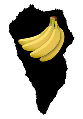 Silueta negra de la isla de La Palma (Canarias) con un racimo de plátanos.