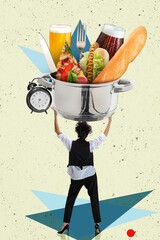 Contemporary art collage of woman in a suit holding pot fillied with food and beer glasses. Party preparation