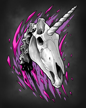 Unicorn Skull On Pink Flame Background