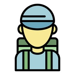 Hiking boy icon. Outline hiking boy vector icon color flat isolated