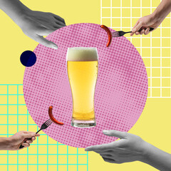 Contemporary art collage of human hands holding various food around lager foamy beer glass