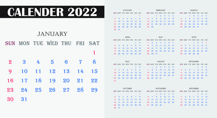 Calendar 2022, week start Sunday.