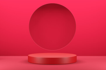 Circle podium on red scene, Geometric background concept, 3d render and illustration.