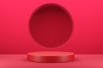 Circle podium on red scene, Geometric background concept, 3d render and illustration.