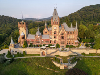 Drone view at Drachenburg castle over Königswinter in Germany
