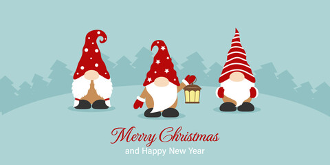 Christmas greeting card with christmas dwarf. Flat cartoon style vector illustration.