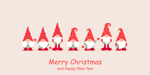 Christmas greeting card with christmas dwarf and snowy landscape. Flat cartoon style vector illustration.