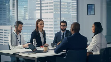 Office Conference Room Meeting: Diverse Team of Top Managers Talk, Use Tablet, Celebrate and Applaud Successful Solutions. Caucasian Businesswoman Presenting Investment Strategy to Investors