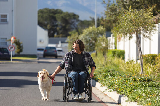 Caucasian disabled man with dog sitting on wheelchair on the road