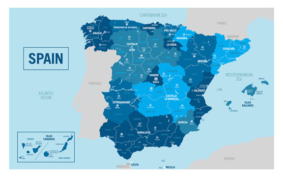 Spain country political map. Detailed vector illustration with isolated states, regions, islands and cities easy to ungroup. 