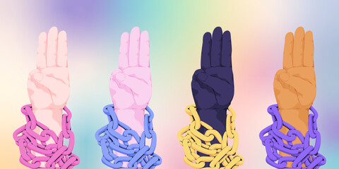 hands of democracy in chains with racial diversity