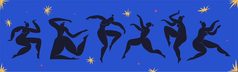 Matisse inspired Dancing Women. Set of cut out female silhouettes on a blue background with stars. Black cut out abstract curvy women. Vector illustration inspired by Matisse.