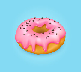 Realistic pink glazed donut sprinkled with chocolate balls. 3d vector illustration on blue background