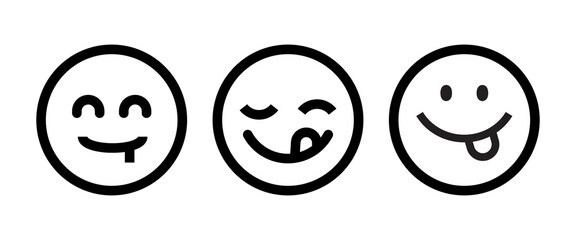 Yummy smile emoticon with tongue lick mouth icon. Tasty food eating emoji face. Delicious cartoon with saliva drops on white background. Smile face line design. Savory gourmet. Yummy vector