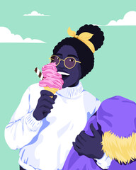 Woman eating ice cream cone alone