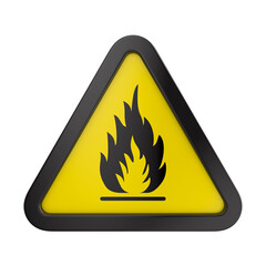 Fire warning sign in yellow triangle. Flammable, inflammable substances on white background. Isolated 3D illustration