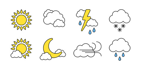 Obraz premium Weather icons set. Vector glyphs in white, yellow and blue colors with black outline. Set of isolated elements on white background. Best for seamless patterns, prints, mobile apps and web design.